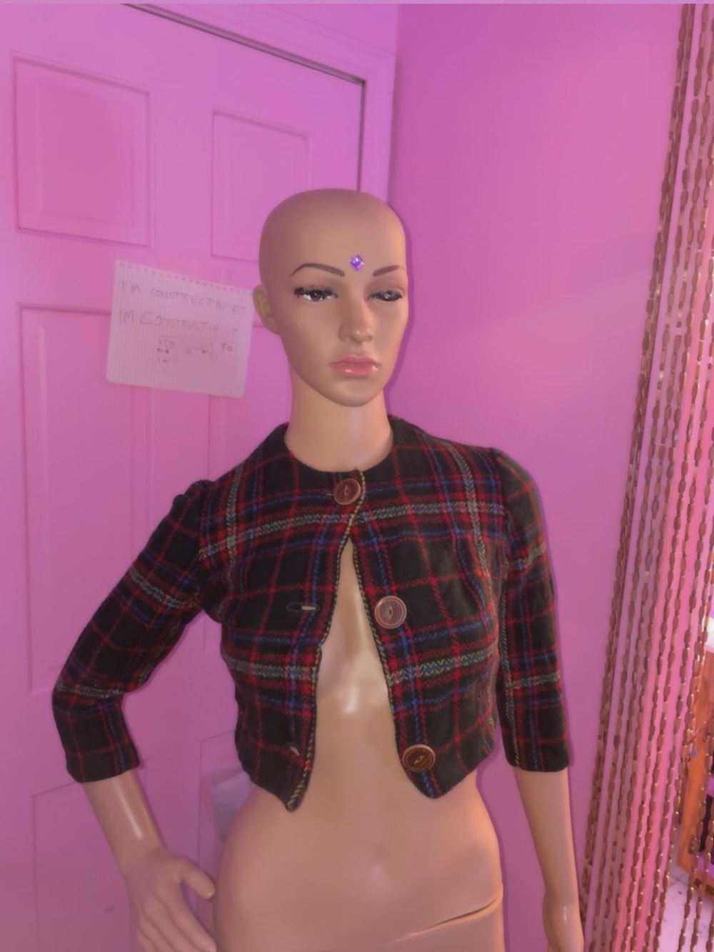 Vintage cropped plaid button jacket